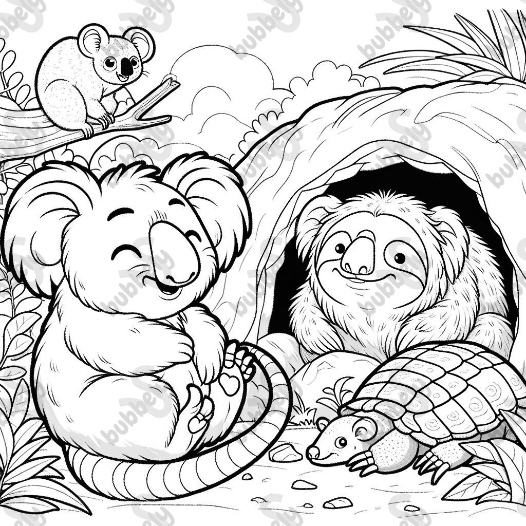 A dormouse, a koala, a sloth, and an armadillo are sleeping in a cave.