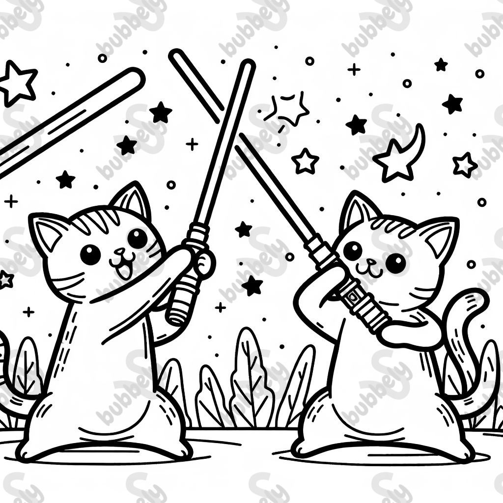 Katzen mit Lichtschwertern für ein lustiges Ausmalbild!