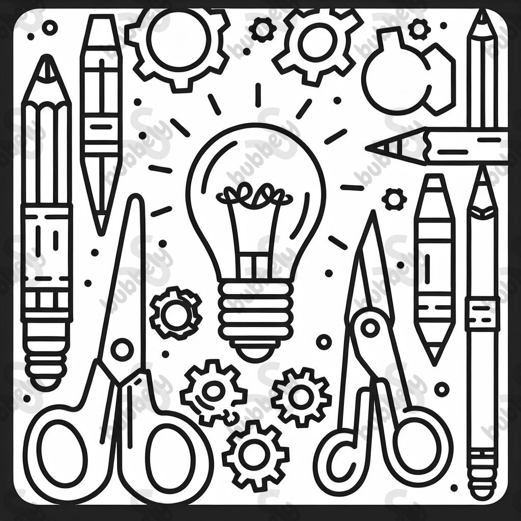 bombilla, crayones, tijeras, engranajes