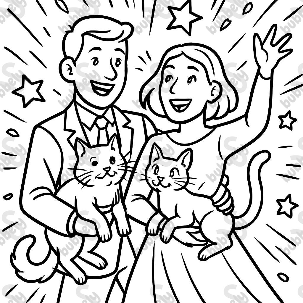 A couple at their wedding holding their cats. Both people have short hair. One is wearing a suit and the other is wearing a long sleeve dress with no veil. A couple at their wedding holding their cats. Both people have short hair. One is wearing a suit and the other is wearing a long sleeve dress with no veil.