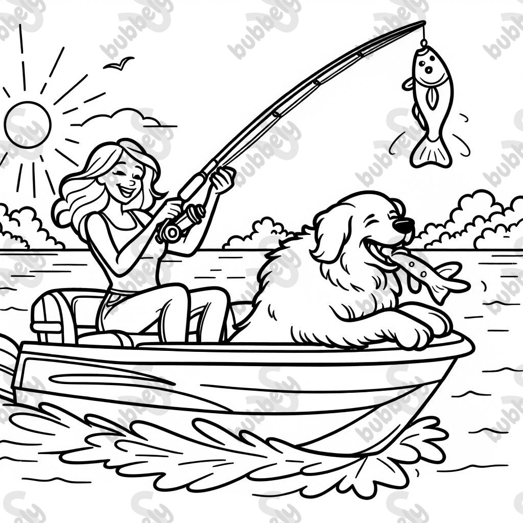 Una mujer y su gran golden retriever esponjoso en un bote rápido pescando en el río. La mujer tiene una caña de pescar en la mano y el golden retriever tiene un pez en la boca. Un brillante y cálido día soleado afuera. Una mujer y su gran golden retriever esponjoso en un bote rápido pescando en el río. La mujer tiene una caña de pescar en la mano y el golden retriever tiene un pez en la boca. Un brillante y cálido día soleado afuera.