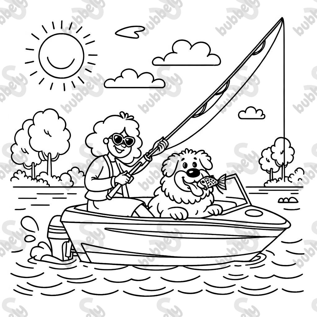 A woman and her big fluffy golden retriever on a speed boat fishing on the river. The woman has a fishing pole in her hand and the golden retriever has a fish in his mouth. A bright sunny warm day outside. A woman and her big fluffy golden retriever on a speed boat fishing on the river. The woman has a fishing pole in her hand and the golden retriever has a fish in his mouth. A bright sunny warm day outside.