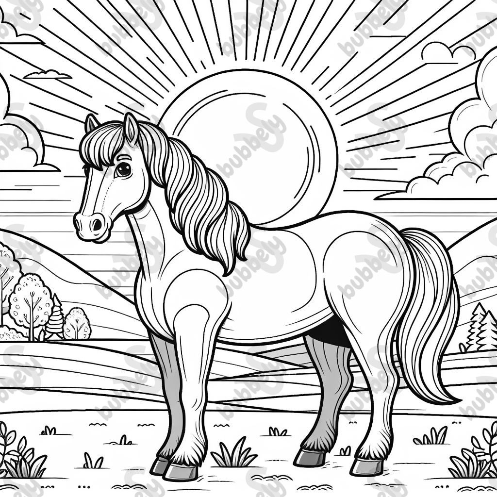 Un dessin détaillé d'un cheval au coucher du soleil. Un dessin détaillé d'un cheval au coucher du soleil.