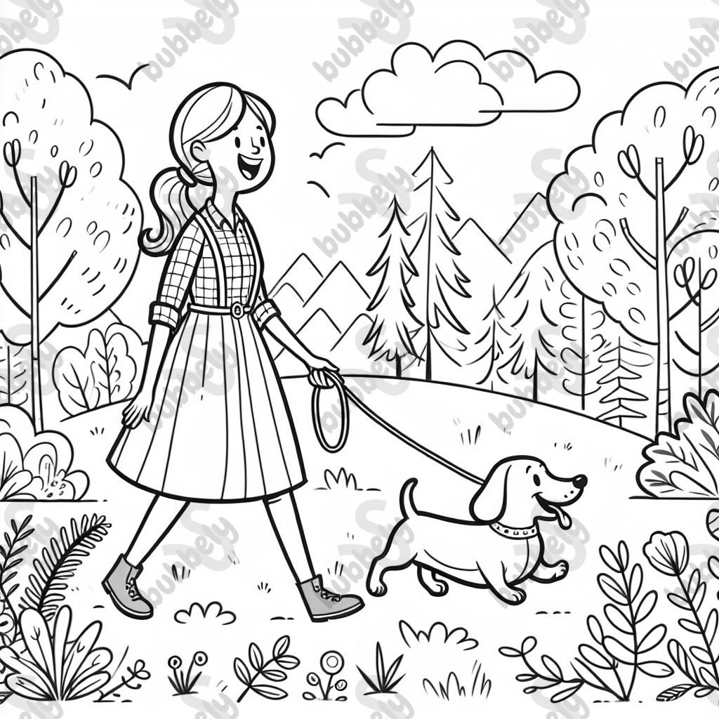 A woman with light brown hair walking her wiener dog through the woods. A woman with light brown hair walking her wiener dog through the woods.