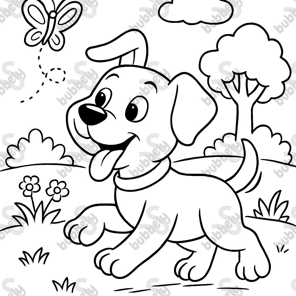 ein Welpe, der einem Schmetterling nachjagt ein Welpe, der einem Schmetterling nachjagt