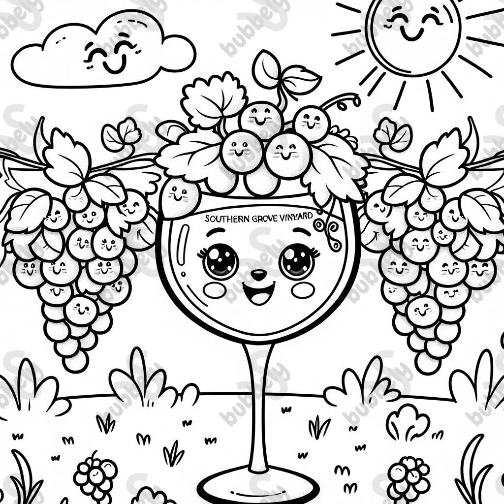 Weinglas mit der Aufschrift Southern Grove Vineyard, umgeben von Trauben. Weinglas mit der Aufschrift Southern Grove Vineyard, umgeben von Trauben.