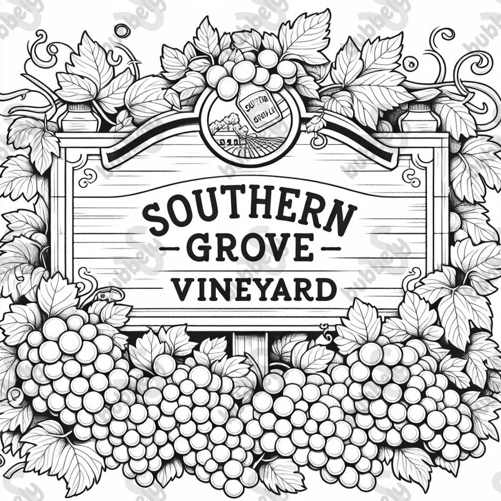 Schild mit dem Southern Grove Weingut, umgeben von Trauben Schild mit dem Southern Grove Weingut, umgeben von Trauben