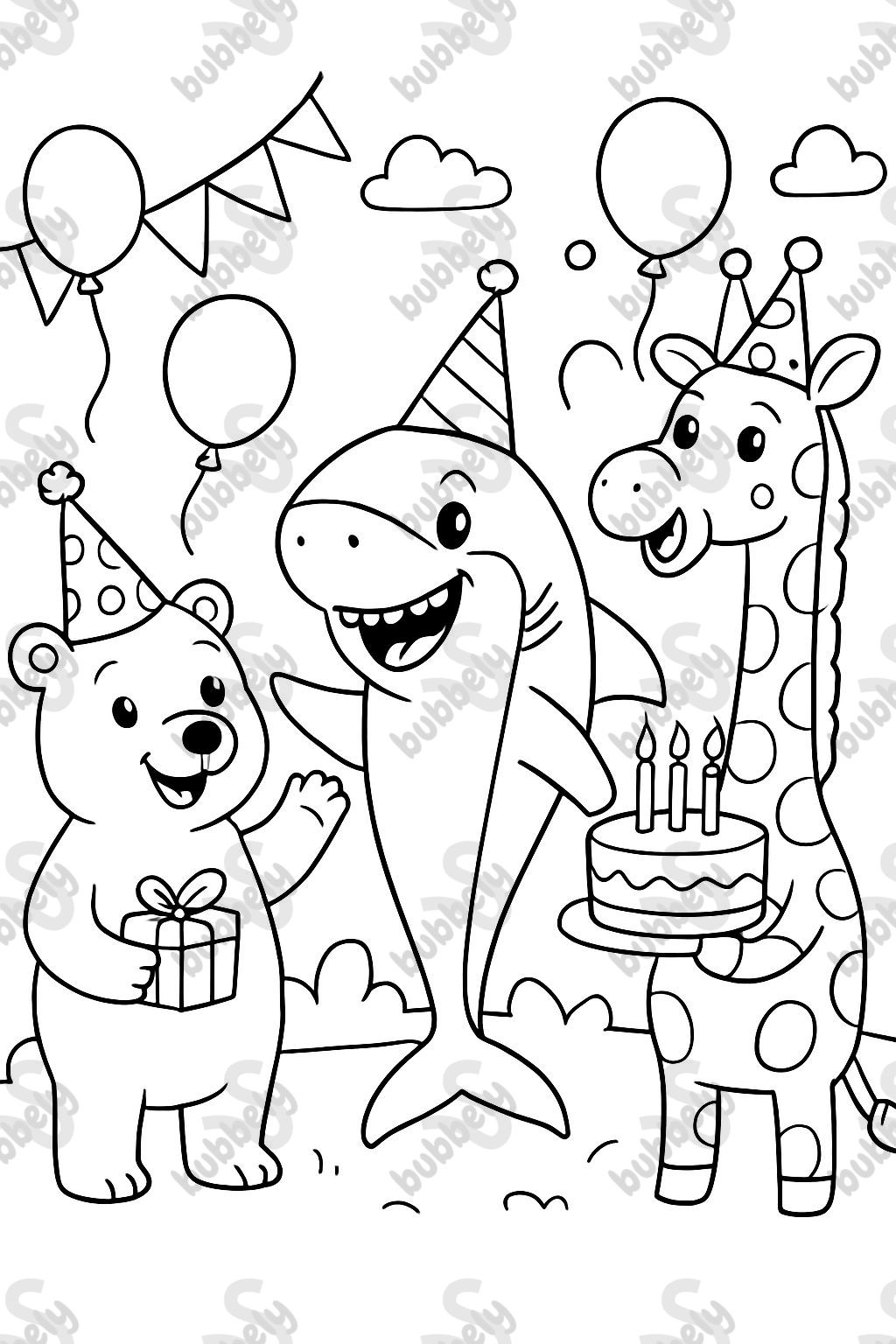 A polar bear and a shark and a giraffe having a birthday party. A polar bear and a shark and a giraffe having a birthday party.