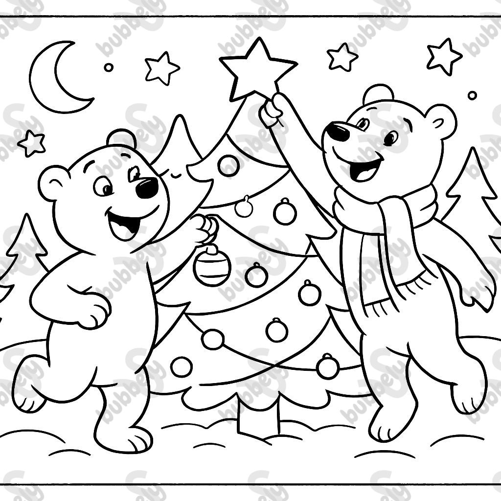 A bear and a polar bear decorating a Christmas tree A bear and a polar bear decorating a Christmas tree