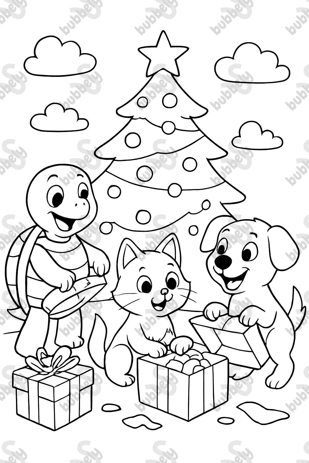 A Christmas tree with a turtle and a kitty and a dog and a flareon opening presents. A Christmas tree with a turtle and a kitty and a dog and a flareon opening presents.