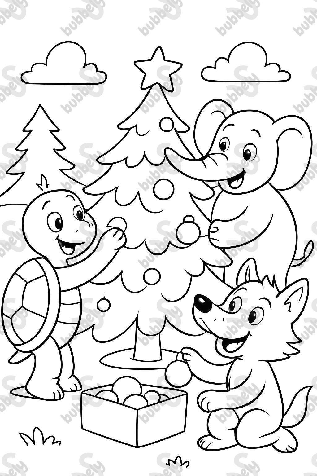 A turtle and an elephant and a wolf decorating a Christmas tree. A turtle and an elephant and a wolf decorating a Christmas tree.