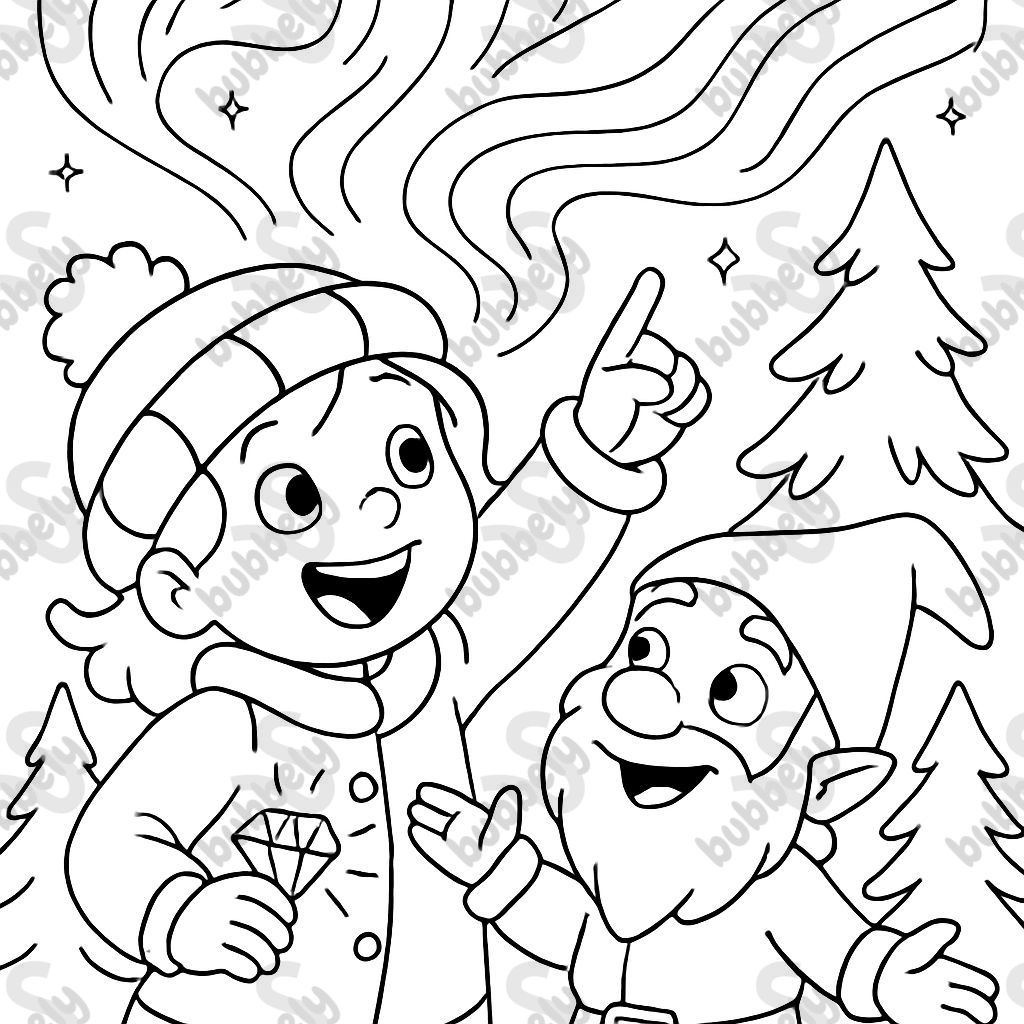 Girl shows Northern Lights by the fir trees with a goblin. Diamond sparkles from her jacket pocket. Girl shows Northern Lights by the fir trees with a goblin. Diamond sparkles from her jacket pocket.