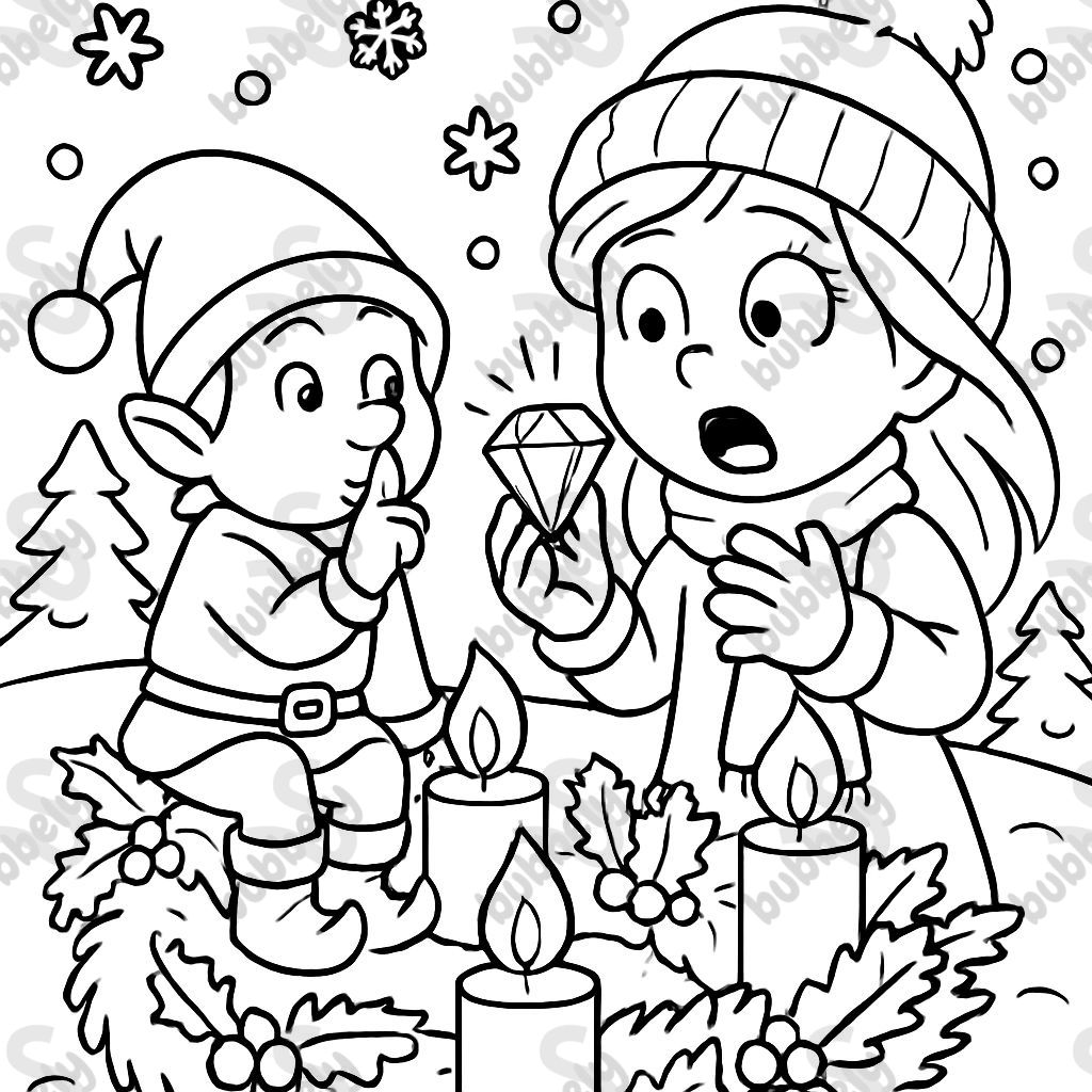 Winter gnome sits on an advent wreath and whispers. A girl looks startled and has a diamond in her hand. Winter gnome sits on an advent wreath and whispers. A girl looks startled and has a diamond in her hand.