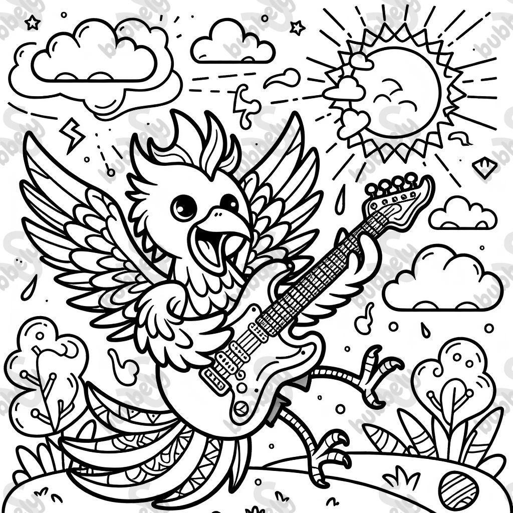 Ein Phönix, der E-Gitarre spielt.