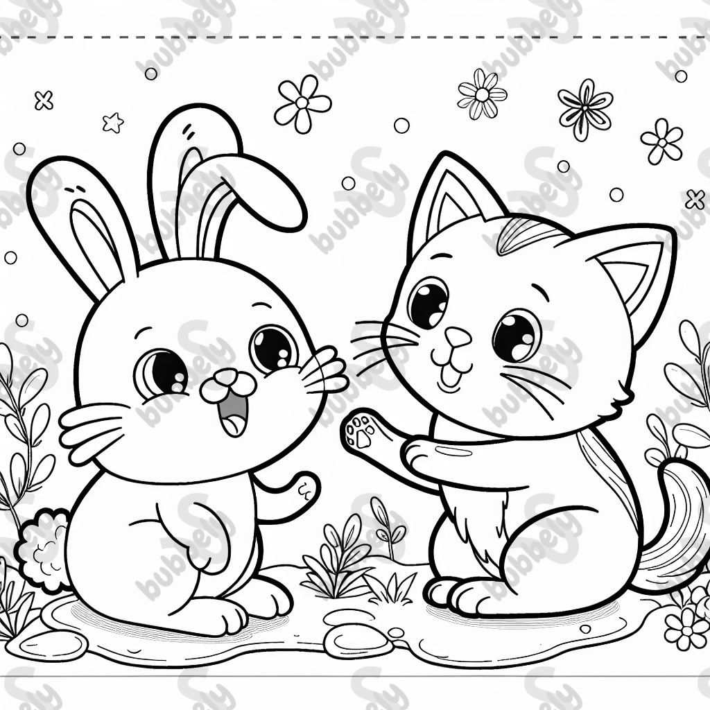 Ein Hase spielt mit einer Katze.