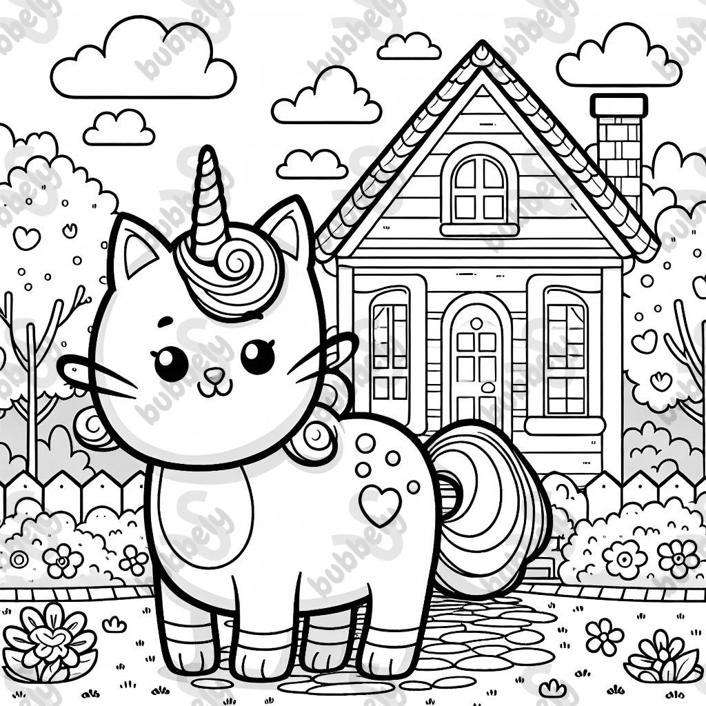 Gato unicornio frente a una casa Gato unicornio frente a una casa