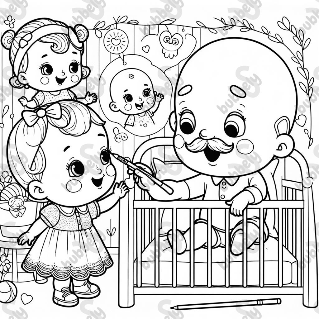 Ein kleines Baby und ihre kleine Schwester, die ihren glatzköpfigen Papa ganz doll lieb haben