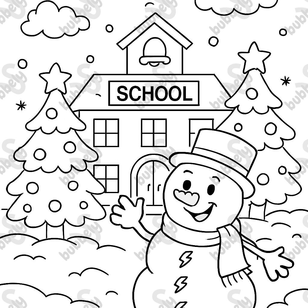 school building with christmas trees and a snow man with lightening bolt buttons school building with christmas trees and a snow man with lightening bolt buttons