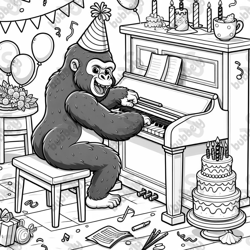 Gorilla playing piano at a birthday party