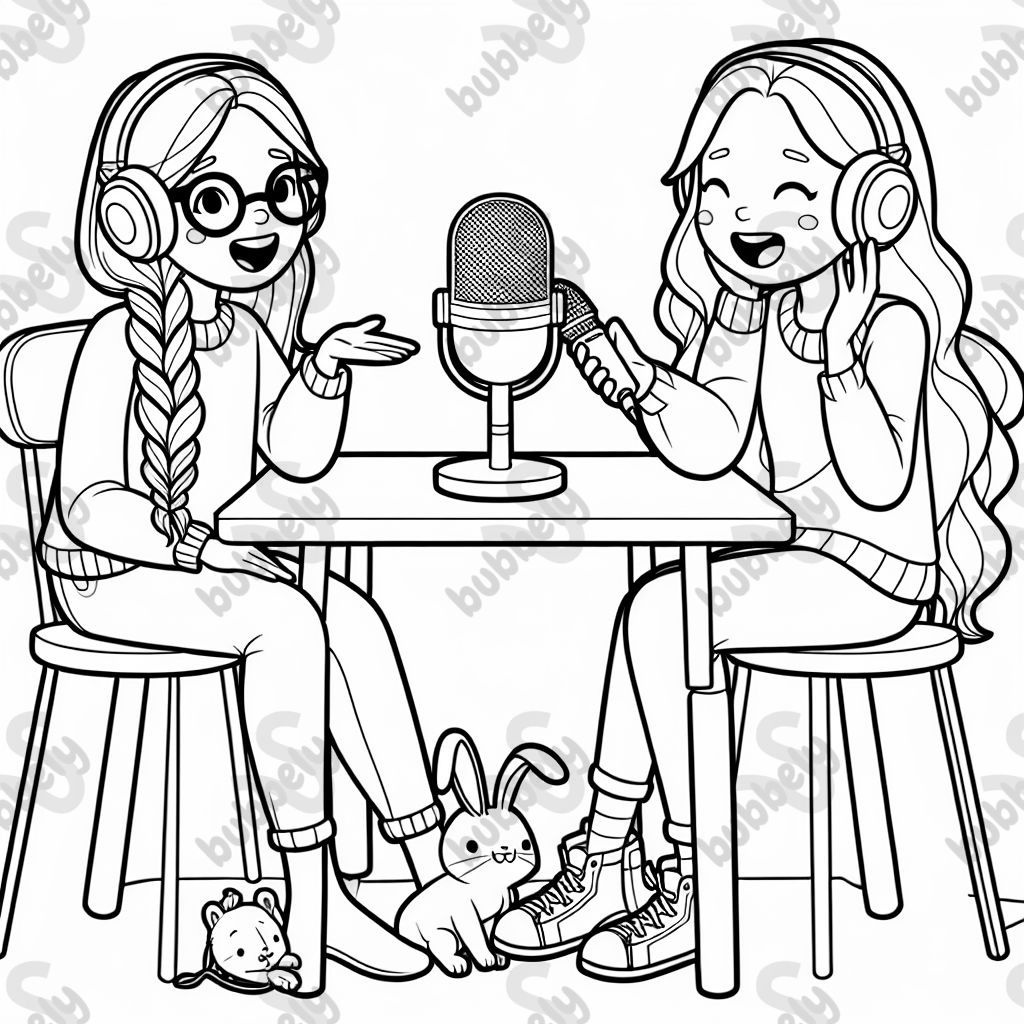 Two best friends, one with a braid and one with long blonde hair and glasses recording a podcast. A bunny and a dog at their feet. Two best friends, one with a braid and one with long blonde hair and glasses recording a podcast. A bunny and a dog at their feet.