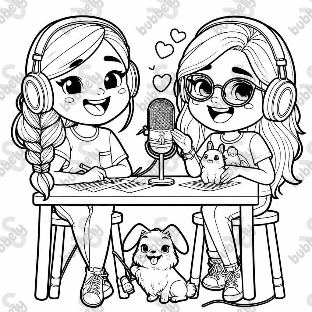 Two best friends, one with a braid and one with long blonde hair and glasses recording a podcast. They are sat with a bunny and a dog. Two best friends, one with a braid and one with long blonde hair and glasses recording a podcast. They are sat with a bunny and a dog.