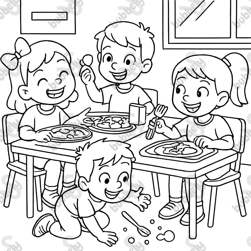 School cafeteria children sitting and throwing food under the table. School cafeteria children sitting and throwing food under the table.
