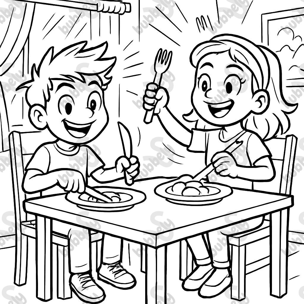 Children in the dining room using cutlery correctly and sitting well at the table. Children in the dining room using cutlery correctly and sitting well at the table.