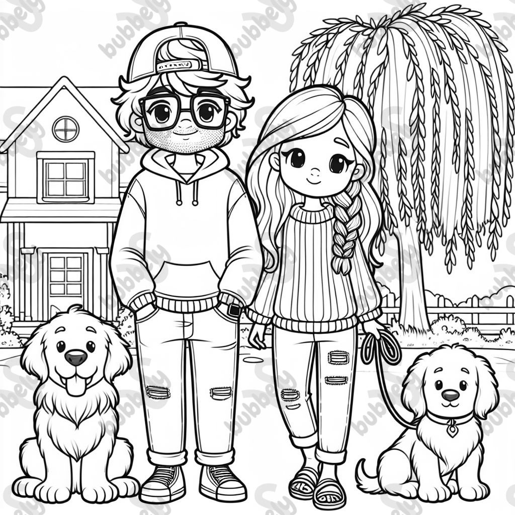 A man with fluffy brown hair with a snapback hat on his head, with square glasses, wearing a sweatshirt and jeans. A woman with long red-brown hair braided on the side, wearing a sweater and jeans with sandals on her feet. With a big golden retriever and a puppy cane corso. Standing outside under a weeping willow tree in front of a house. A man with fluffy brown hair with a snapback hat on his head, with square glasses, wearing a sweatshirt and jeans. A woman with long red-brown hair braided on the side, wearing a sweater and jeans with sandals on her feet. With a big golden retriever and a puppy cane corso. Standing outside under a weeping willow tree in front of a house.