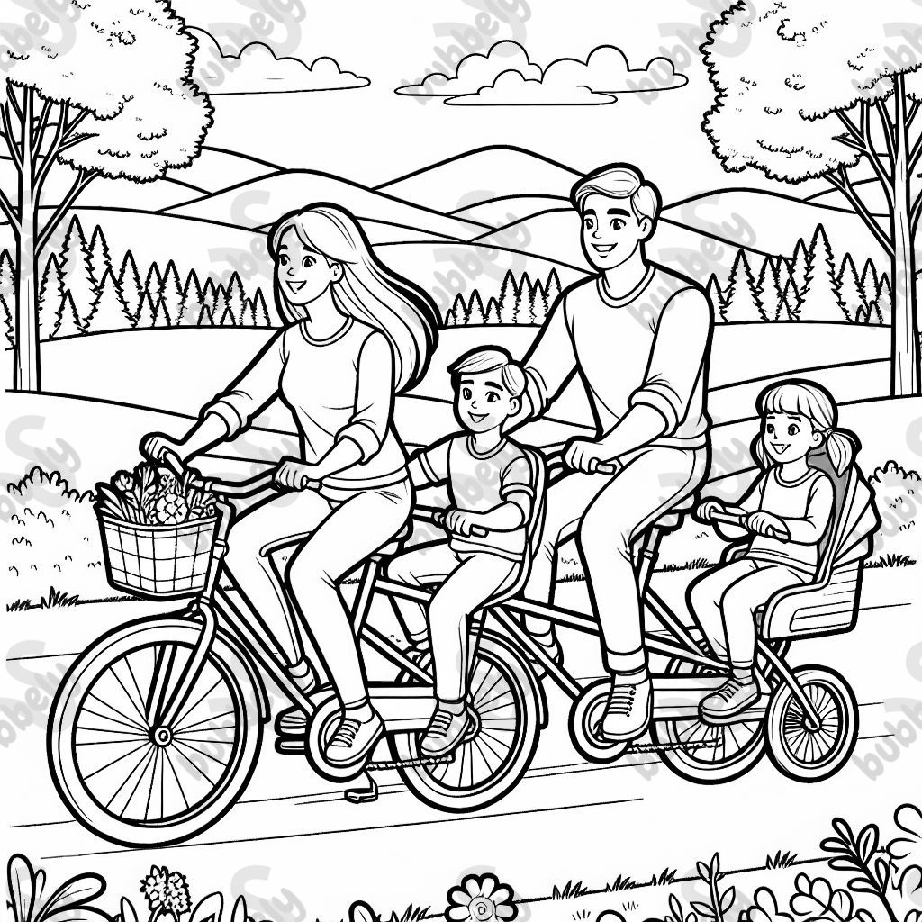 eine Familia mit Mama, Papa, Sohn der 5 Jahre ist und ein kleines 2 jähriges Mädchen beim Fahrrad fahren in der Natur, Der Junge fährt auf dem Tandem vom Papa und das kliene Mädchen auf dem Kindersitz hinten bei der Mama auf dem Fahrrad eine Familia mit Mama, Papa, Sohn der 5 Jahre ist und ein kleines 2 jähriges Mädchen beim Fahrrad fahren in der Natur, Der Junge fährt auf dem Tandem vom Papa und das kliene Mädchen auf dem Kindersitz hinten bei der Mama auf dem Fahrrad