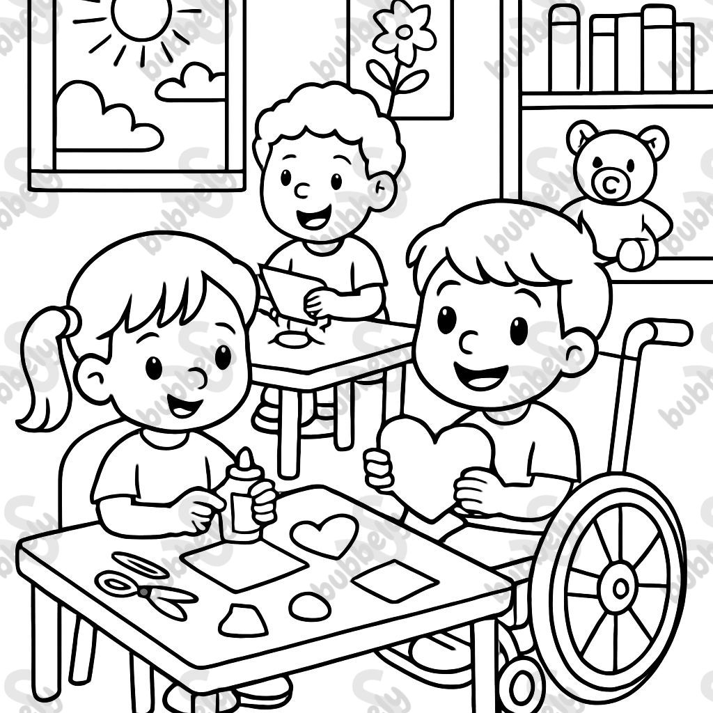 crèche avec des enfants faisant un bricolage, un enfant en fauteuil roulant. crèche avec des enfants faisant un bricolage, un enfant en fauteuil roulant.