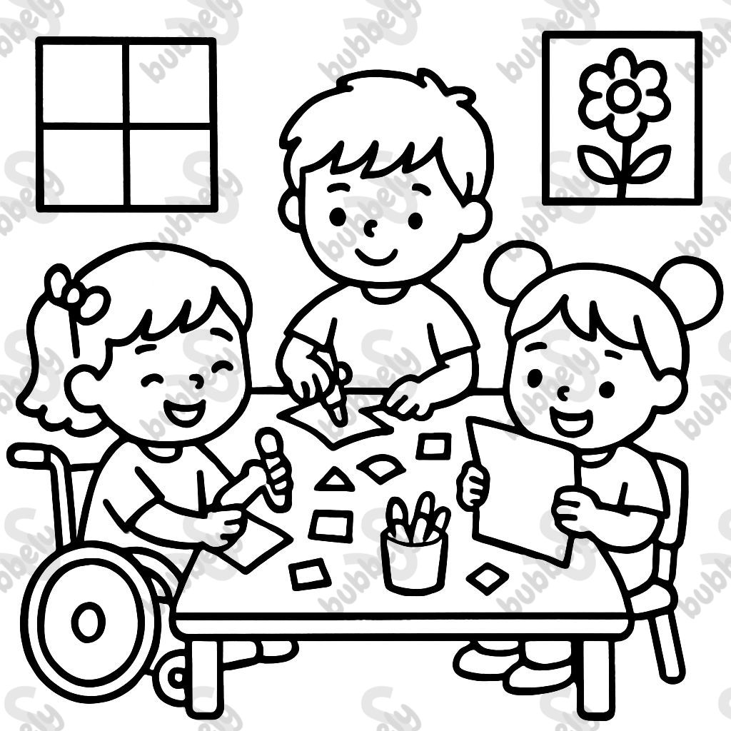 Cute daycare kids doing craft together one child in a wheelchair. Cute daycare kids doing craft together one child in a wheelchair.