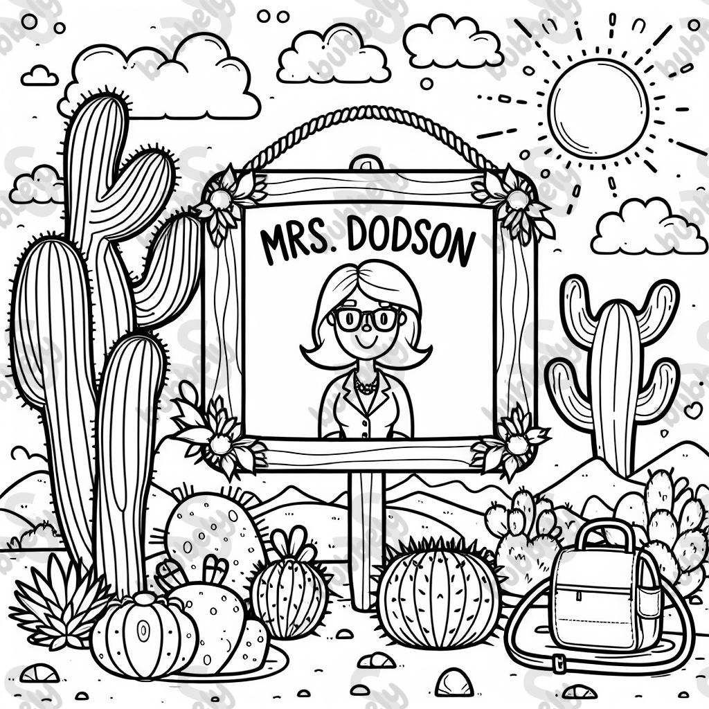 Una placa con el nombre de 'Mrs. Dodson' decorada con árboles de Joshua.