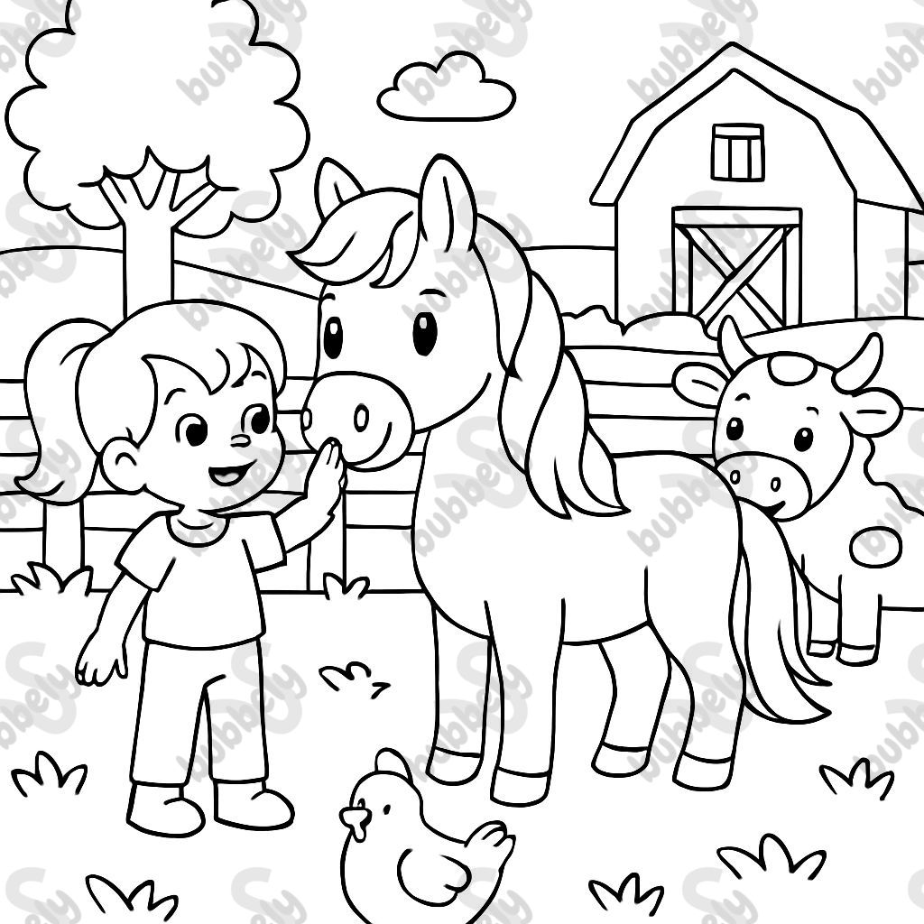 Ein kleines Mädchen, das auf einem Bauernhof ein Pferd streichelt, umgeben von anderen Tieren. Ein kleines Mädchen, das auf einem Bauernhof ein Pferd streichelt, umgeben von anderen Tieren.