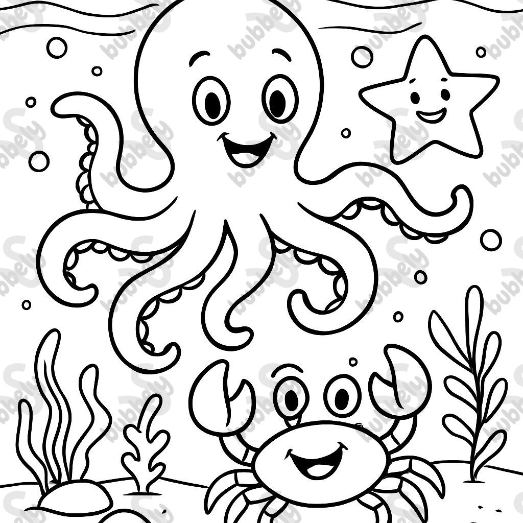 Pulpo y cangrejo y estrella de mar en el océano Pulpo y cangrejo y estrella de mar en el océano