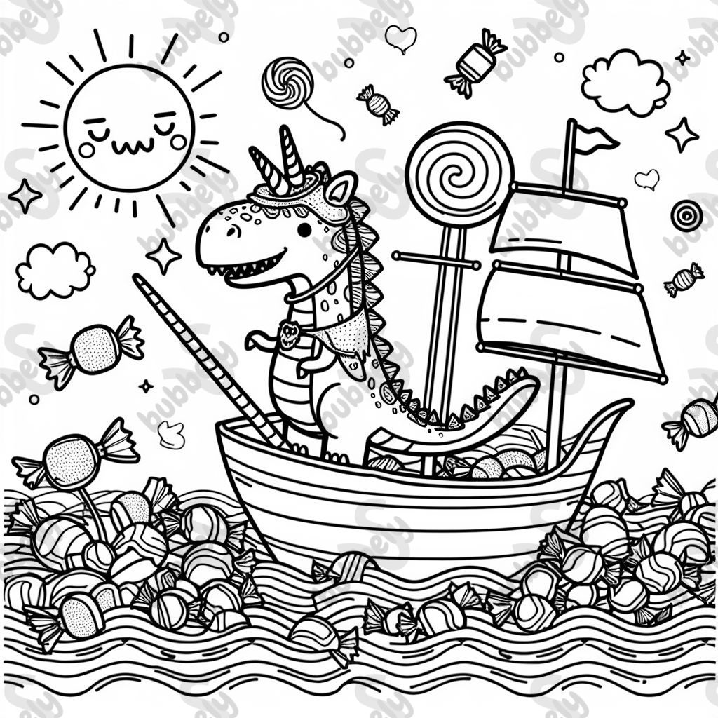 ein dinosaurier im einhornkostüm auf einem piratenschiff das in einem süßigkeitenmeer schwimmt darüber eine sonne die sich übergibt ein dinosaurier im einhornkostüm auf einem piratenschiff das in einem süßigkeitenmeer schwimmt darüber eine sonne die sich übergibt