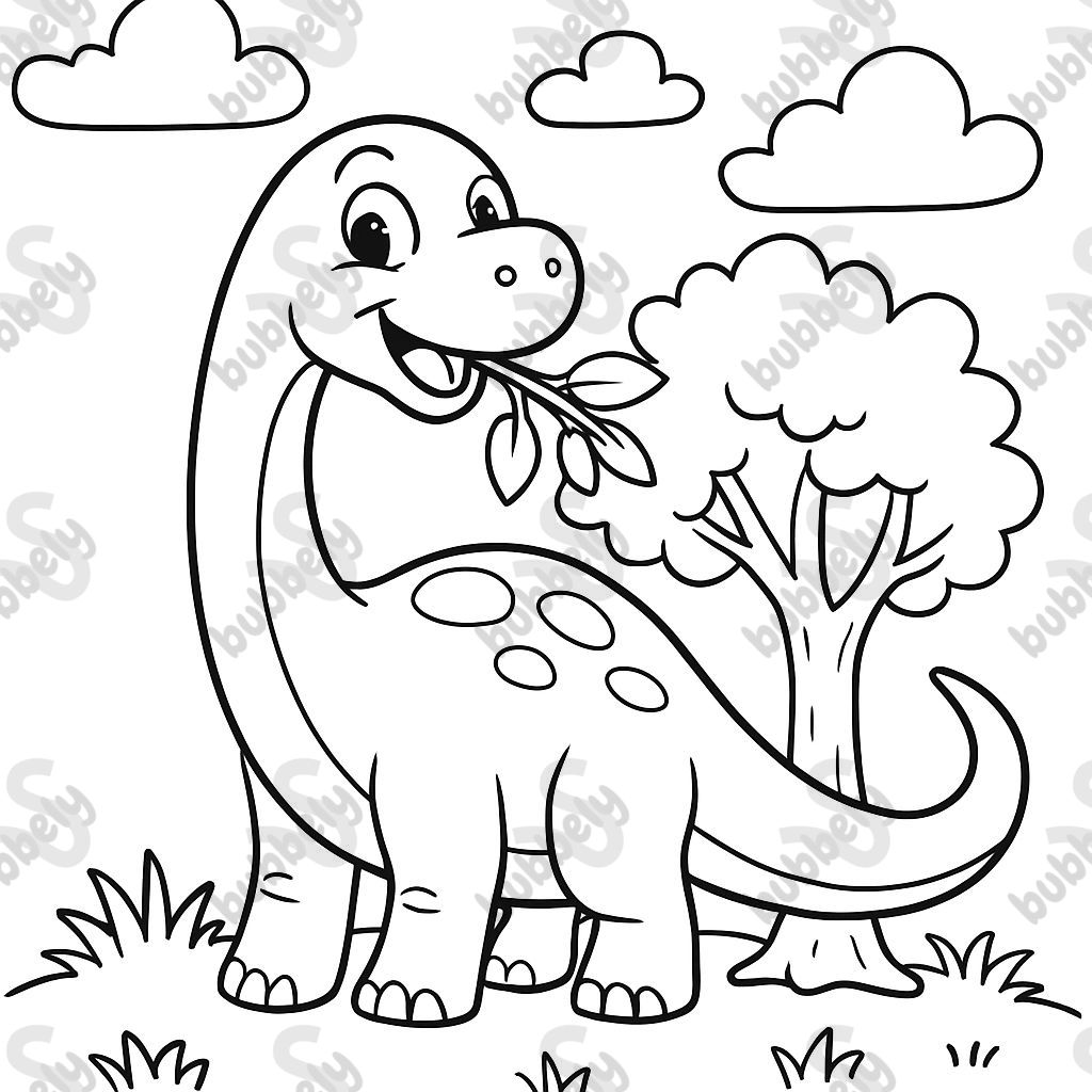 Brontosaurus comiendo un árbol con nubes y hierba Brontosaurus comiendo un árbol con nubes y hierba