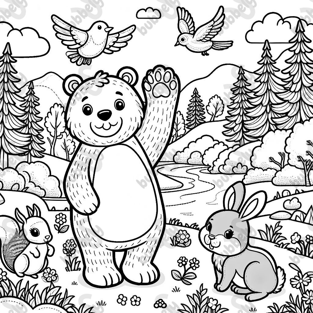 A bear, a rabbit, and a squirrel are sitting in a forest. The bear waves happily while the rabbit hops joyfully on a meadow. Birds fly above, and in the background, there are trees and a small stream.