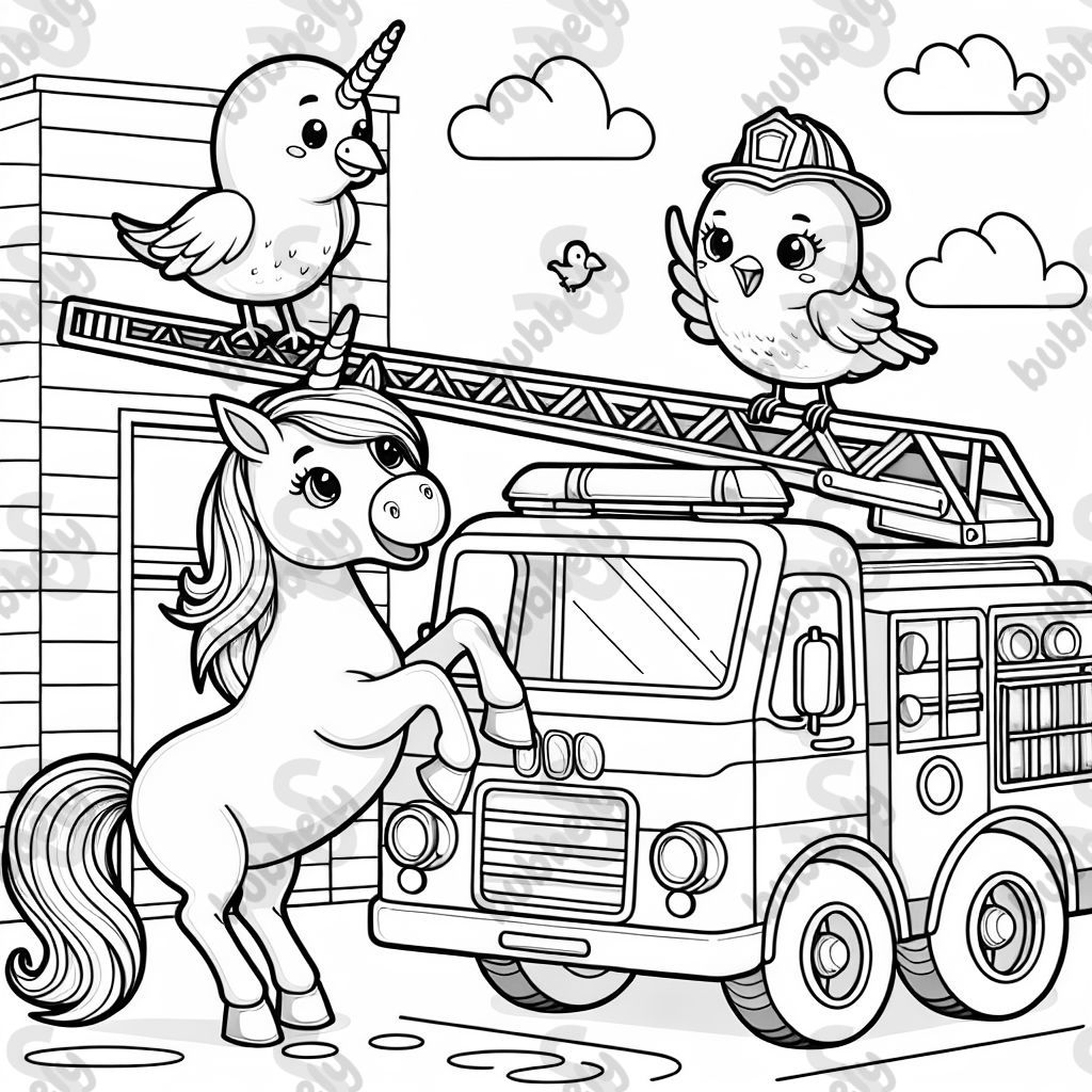 Licorne et un oiseau en haut de l'échelle d'un camion de pompiers Licorne et un oiseau en haut de l'échelle d'un camion de pompiers