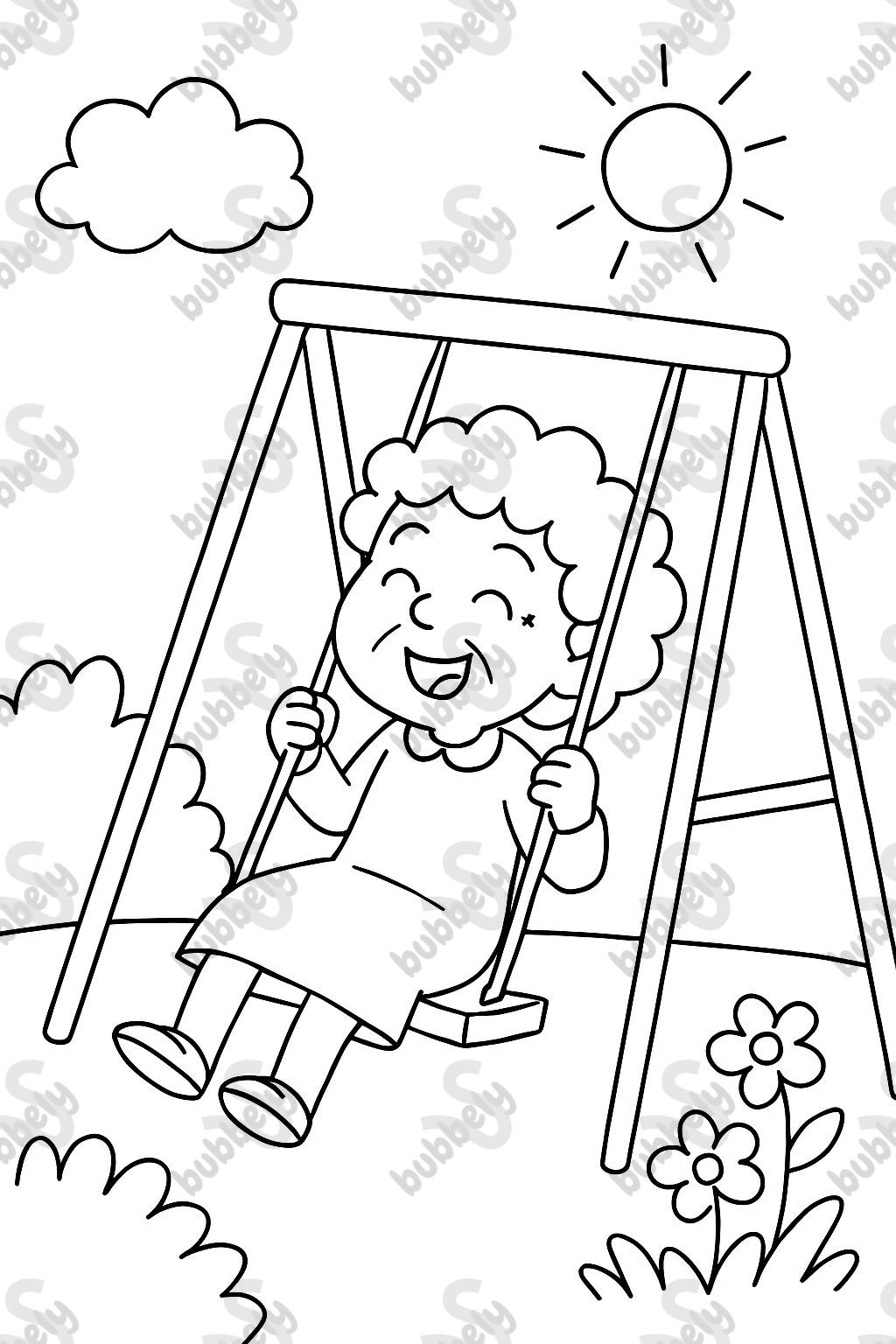 Abuela sin anteojos con el pelo largo y rizado jugando en un columpio Abuela sin anteojos con el pelo largo y rizado jugando en un columpio