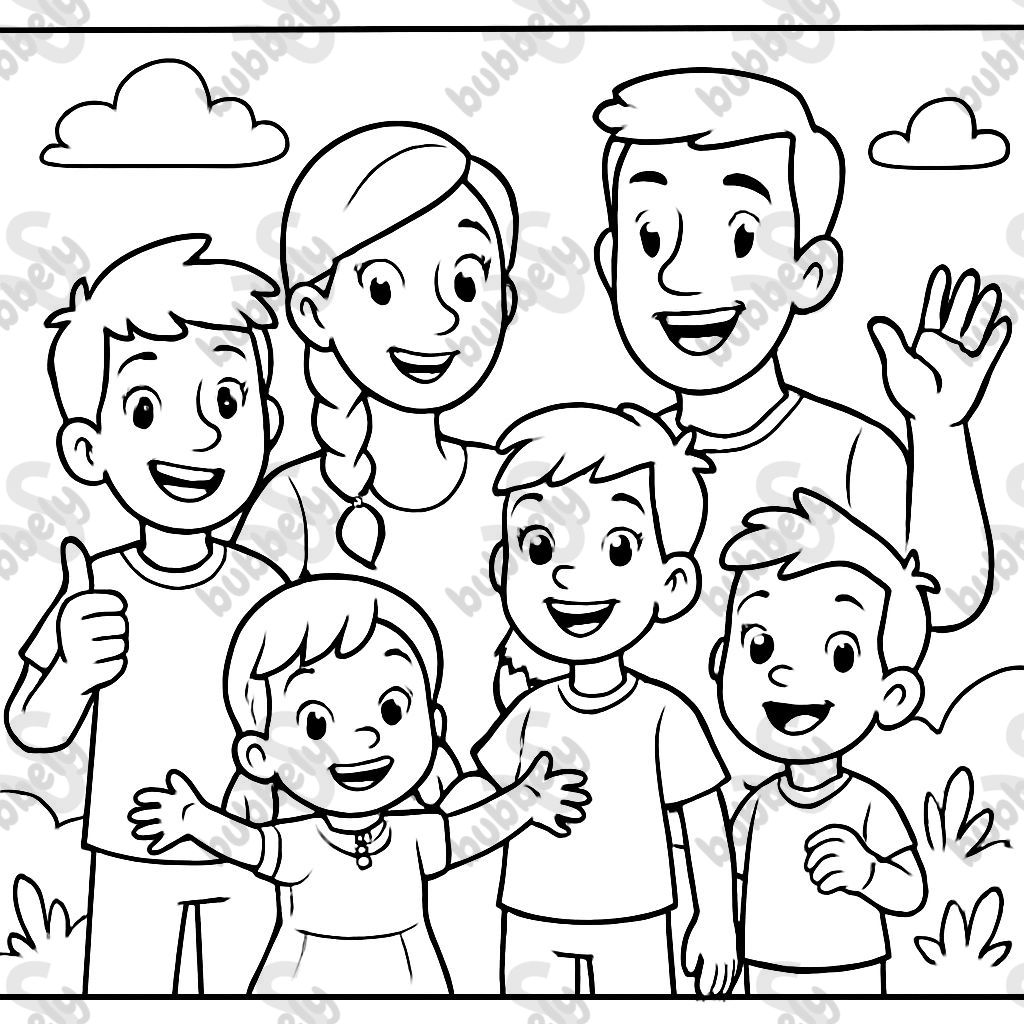 Foto de familia con un padre, una madre con trenza, dos chicos grandes, una niña pequeña, un niño pequeño Foto de familia con un padre, una madre con trenza, dos chicos grandes, una niña pequeña, un niño pequeño