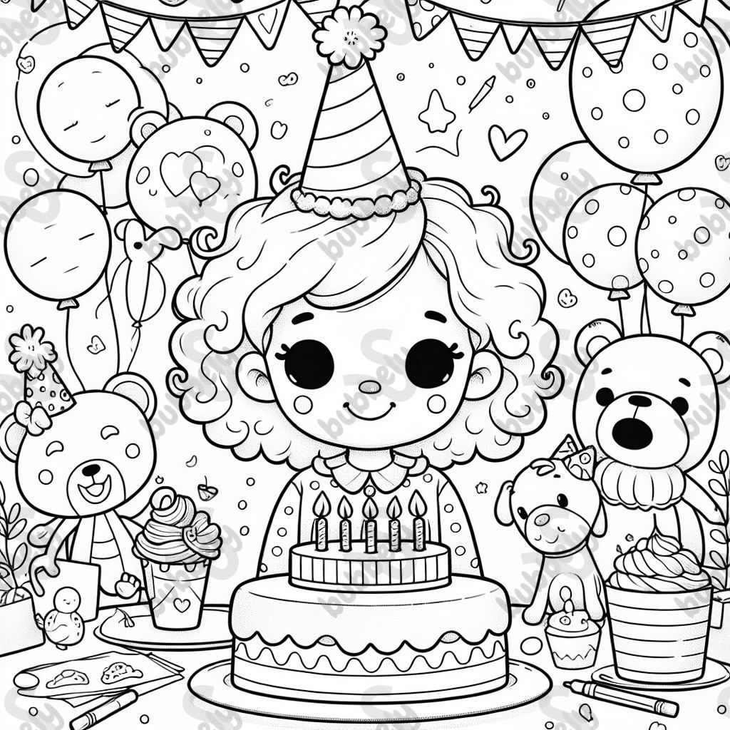 Geburtstagsfeier eines vierjährigen Mädchens mit lockigem Haar, umgeben von Tierluftballons und Kuchen. Geburtstagsfeier eines vierjährigen Mädchens mit lockigem Haar, umgeben von Tierluftballons und Kuchen.