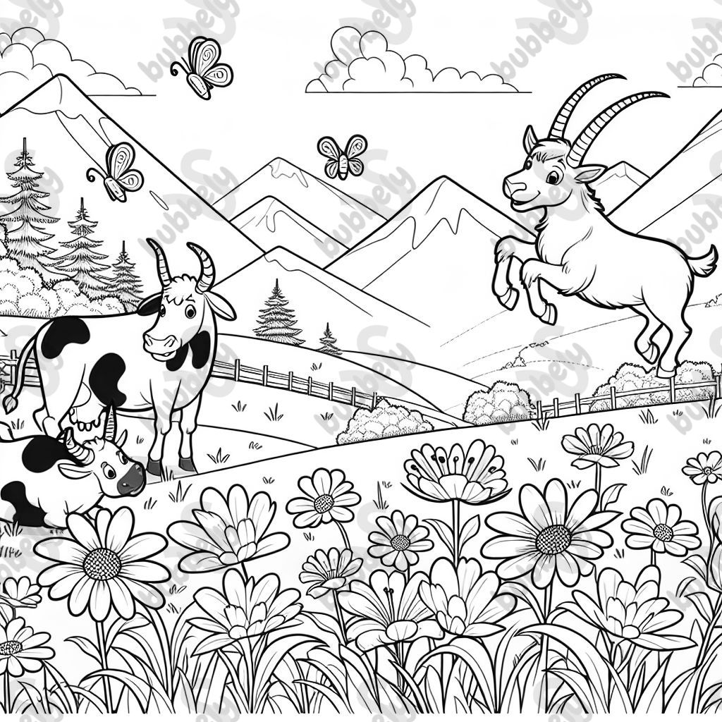Paysage de montagne avec des vaches, des ibex et des fleurs Paysage de montagne avec des vaches, des ibex et des fleurs