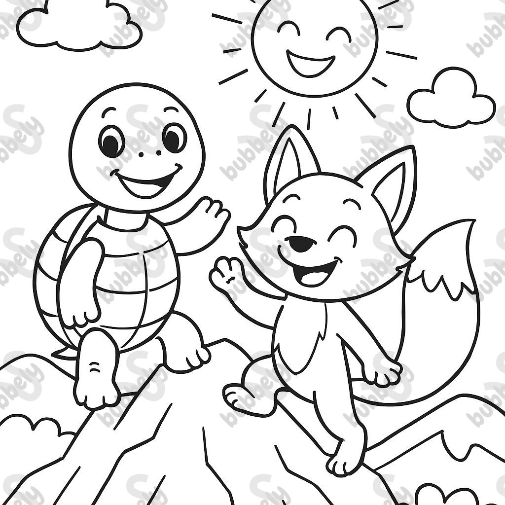 Turtle and fox happy on top of the mountain Turtle and fox happy on top of the mountain