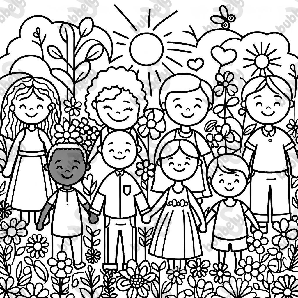 Figures holding hands in a field of flowers Figures holding hands in a field of flowers