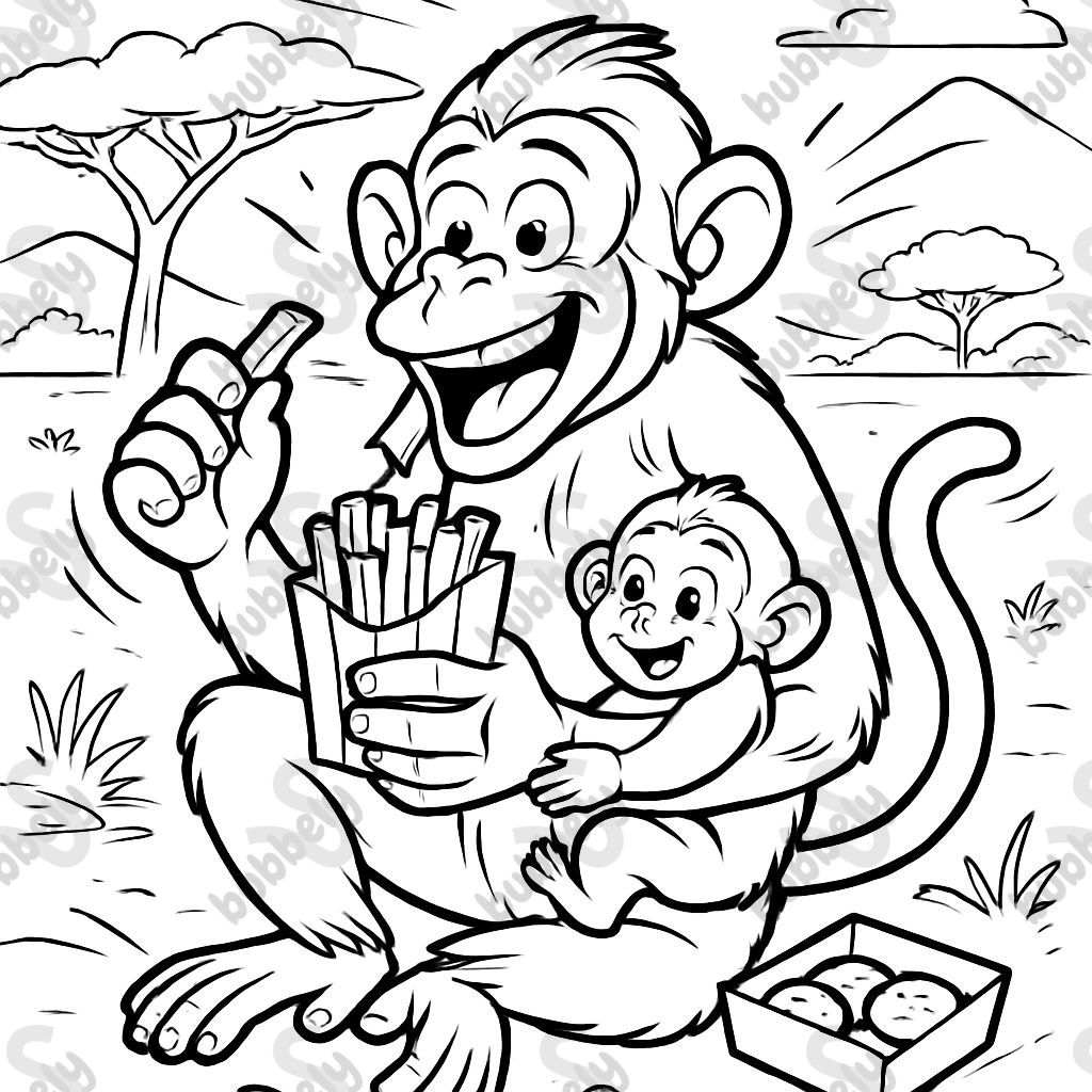 Ein Affe isst Pommes Frites und Chicken Nuggets in Afrika mit einem Baby. Ein Affe isst Pommes Frites und Chicken Nuggets in Afrika mit einem Baby.