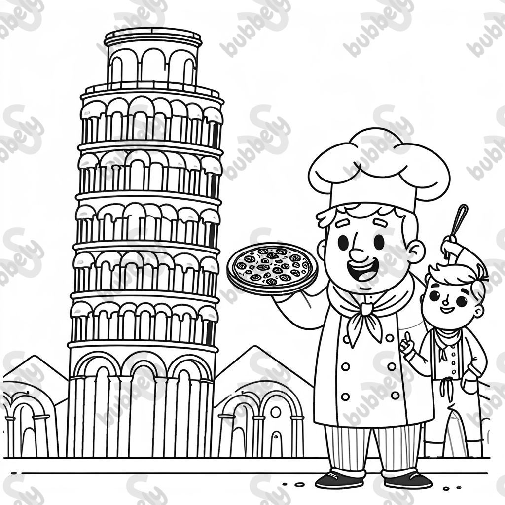 La torre inclinada de Pisa con un hombre vestido como un chef con una pizza. La torre inclinada de Pisa con un hombre vestido como un chef con una pizza.