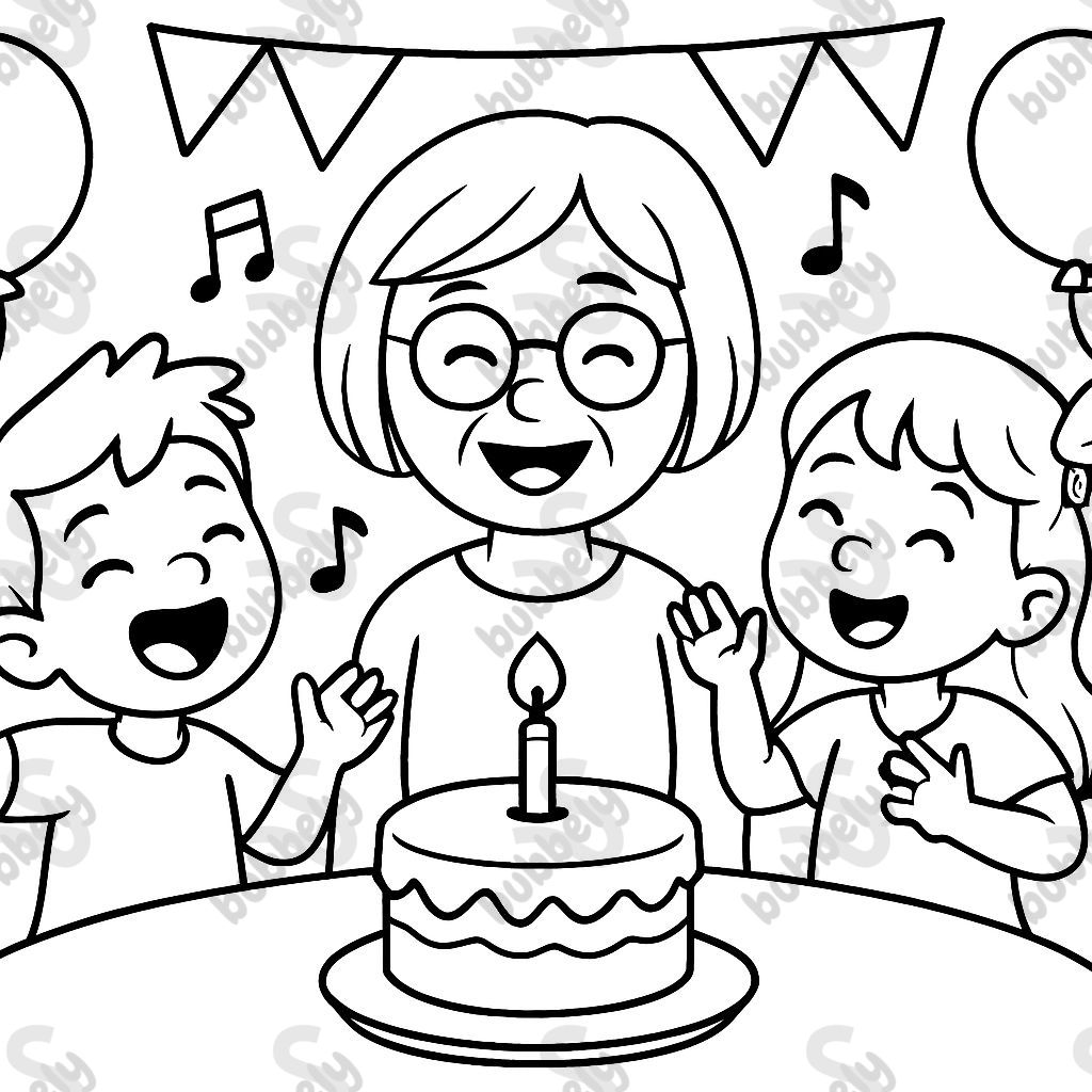 Niño y niña cantando feliz cumpleaños a su joven abuela que tiene un peinado bob corto. Niño y niña cantando feliz cumpleaños a su joven abuela que tiene un peinado bob corto.