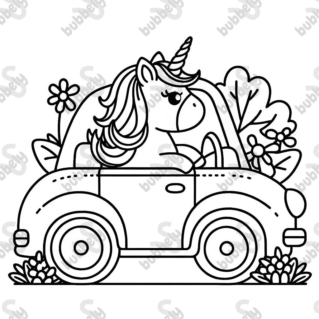 Unicornio en un auto con su cabeza fuera de la ventana.