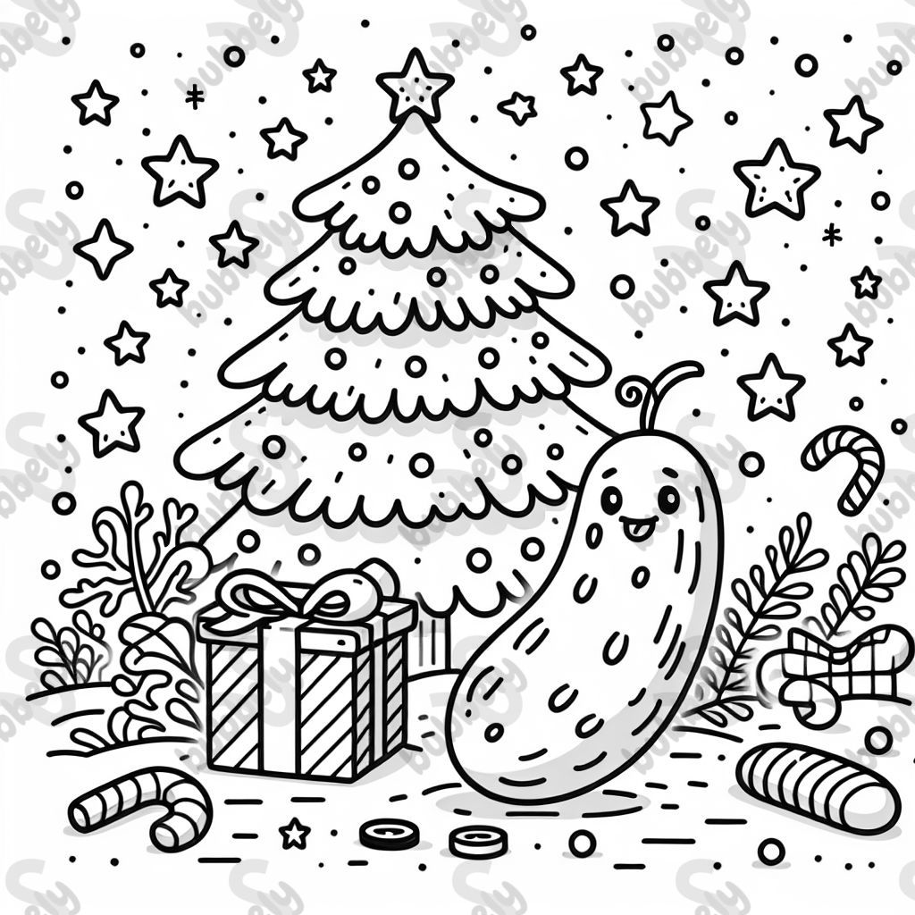 christmas pickle with a christmas tree in the background