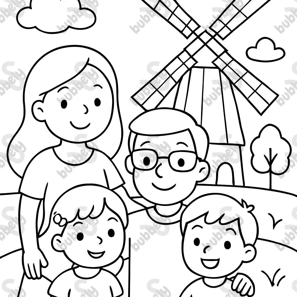 A family standing in front of a Dutch wind mill with a mom with long hair, a dad, a little girl and a little boy. A family standing in front of a Dutch wind mill with a mom with long hair, a dad, a little girl and a little boy.